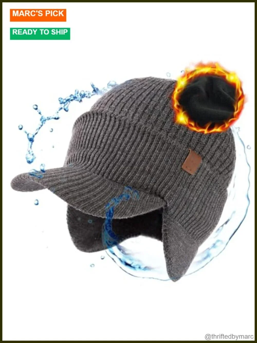 50% Merino Wool Fleece Lined Beanie with Ear Flaps & Brim Waterproof